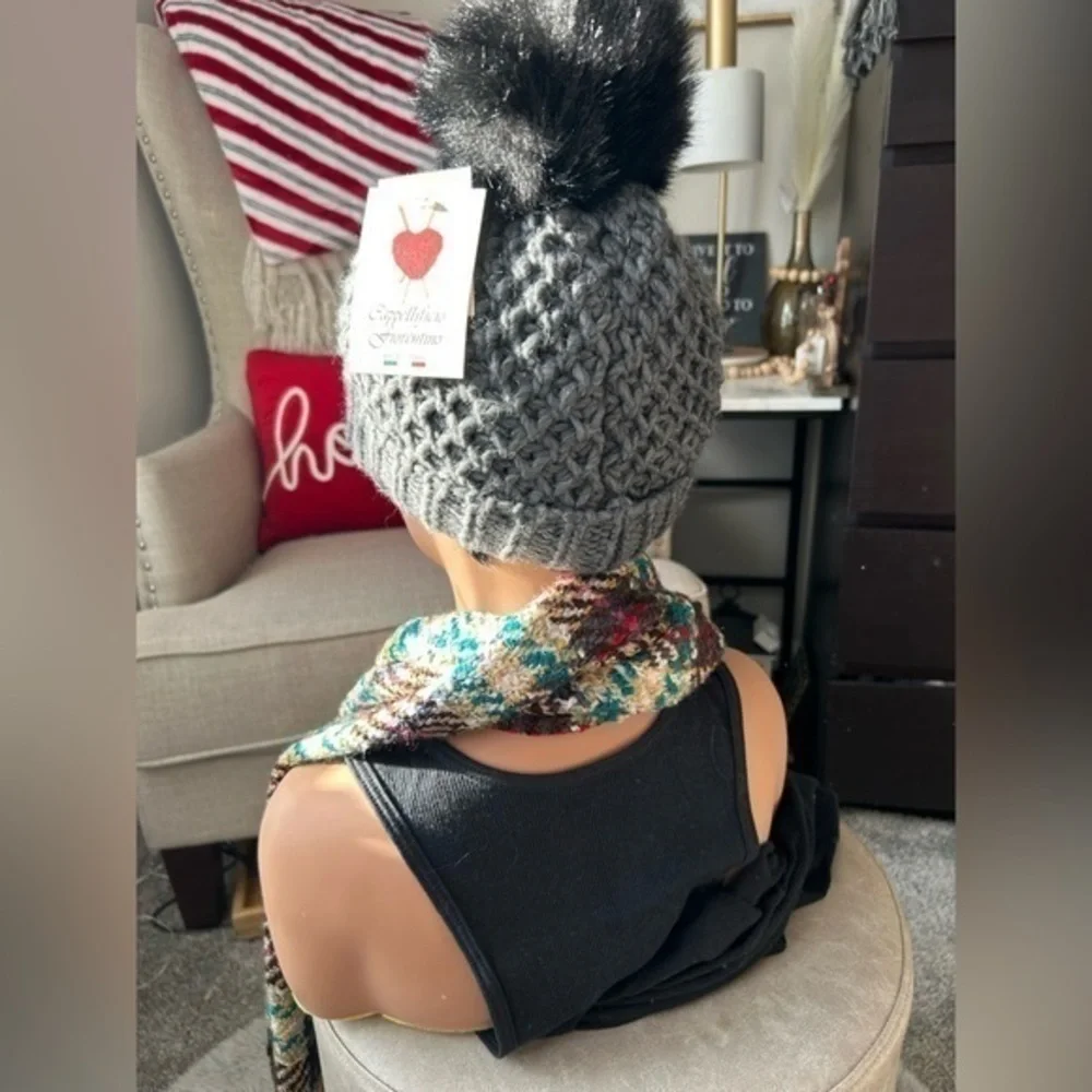 ❄️NWT CAPPELLIFICIO FIORENTINO GRAY WOOL/ALPACA beanie Fur Pom Pom KNIT HAT